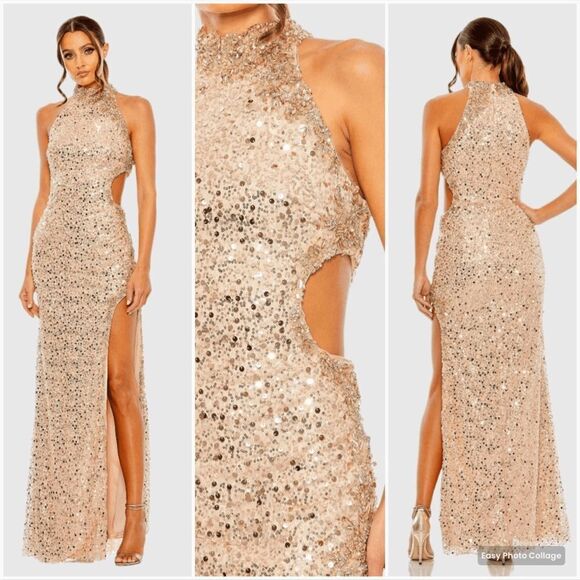 MAC DUGGAL49679Rose Gold Side Cut Out High Neck Sequin Gown Dress